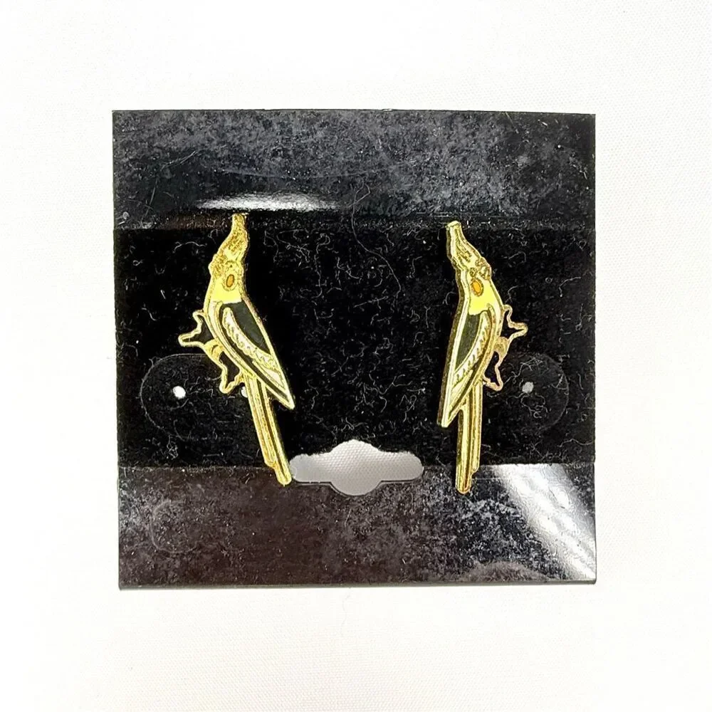 Vintage Gold Cockatiel Earrings – Enamel Bird Studs – 1” Long on Card
